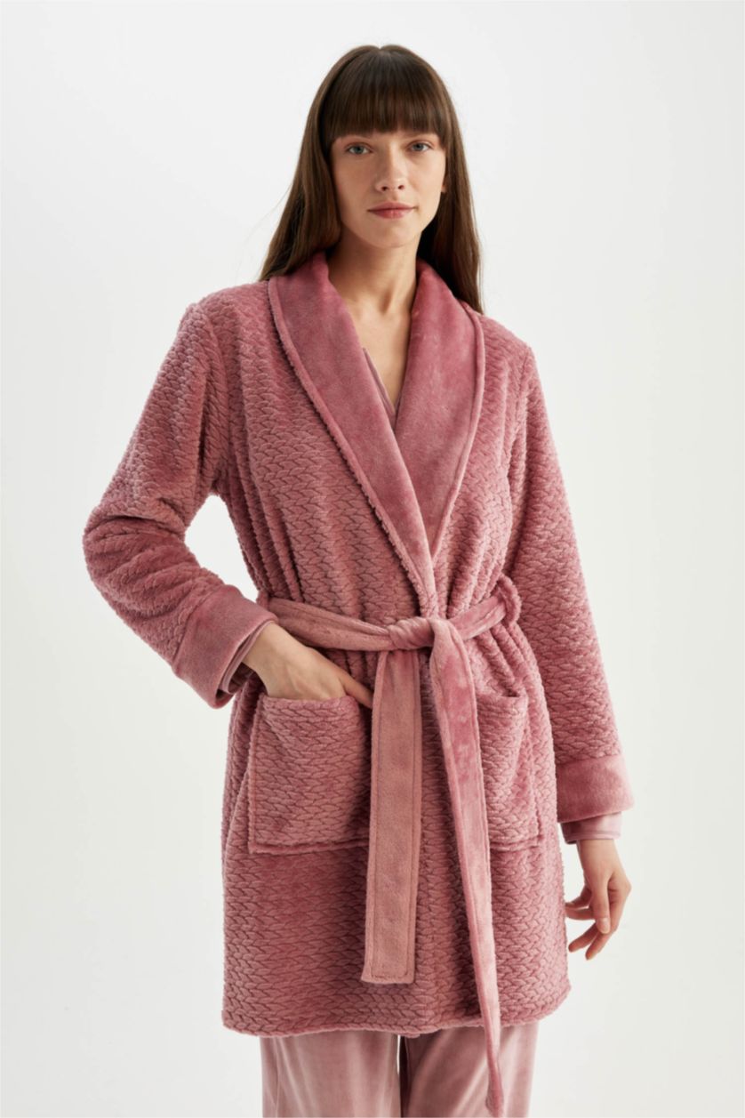 FEMME Bordeaux Peignoir long ceinturé en tissu peluche Welsoft Fall in Love""