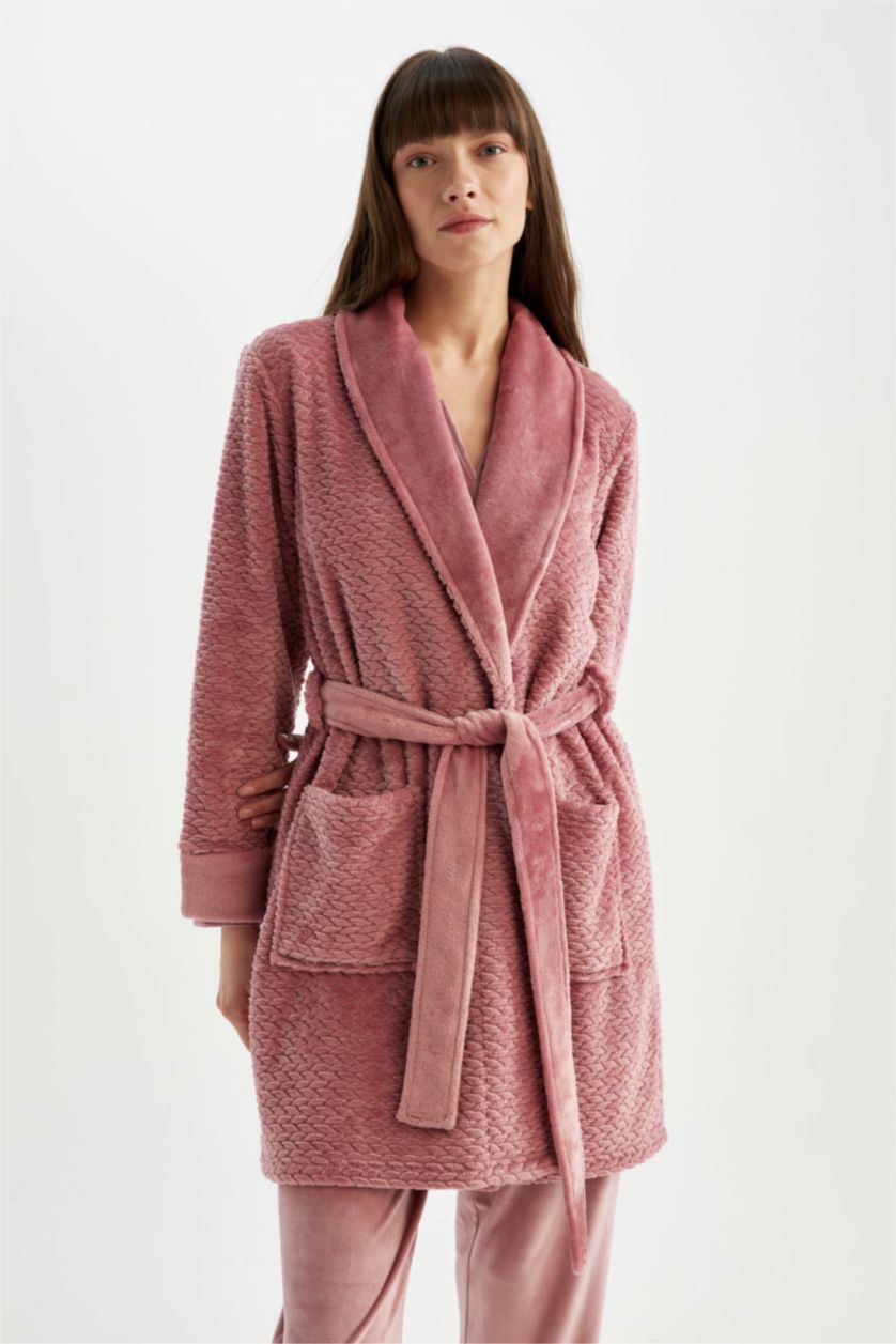 FEMME Bordeaux Peignoir long ceinturé en tissu peluche Welsoft Fall in Love""