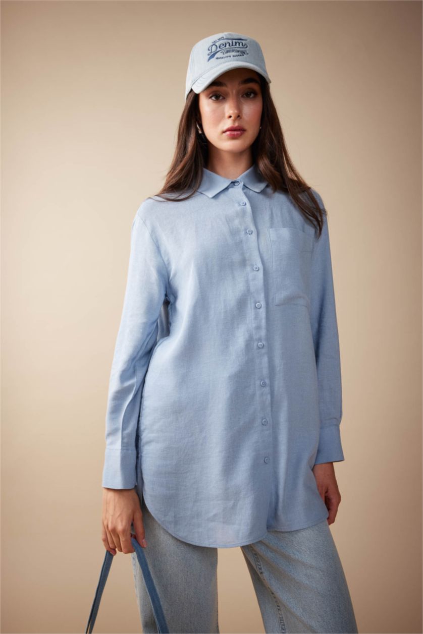 FEMME Bleu Tunique À Manches Longues Lin Mélangé Coupe décontractée