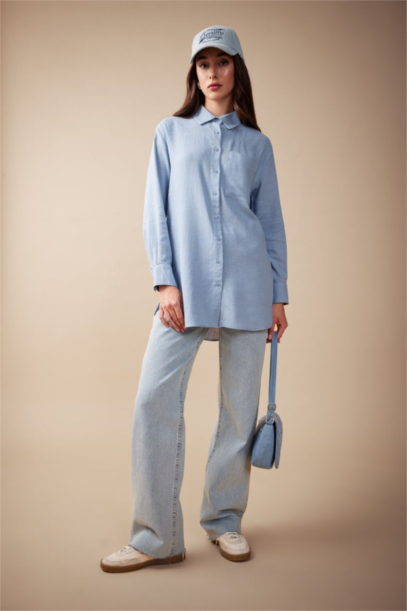 FEMME Bleu Tunique À Manches Longues Lin Mélangé Coupe décontractée