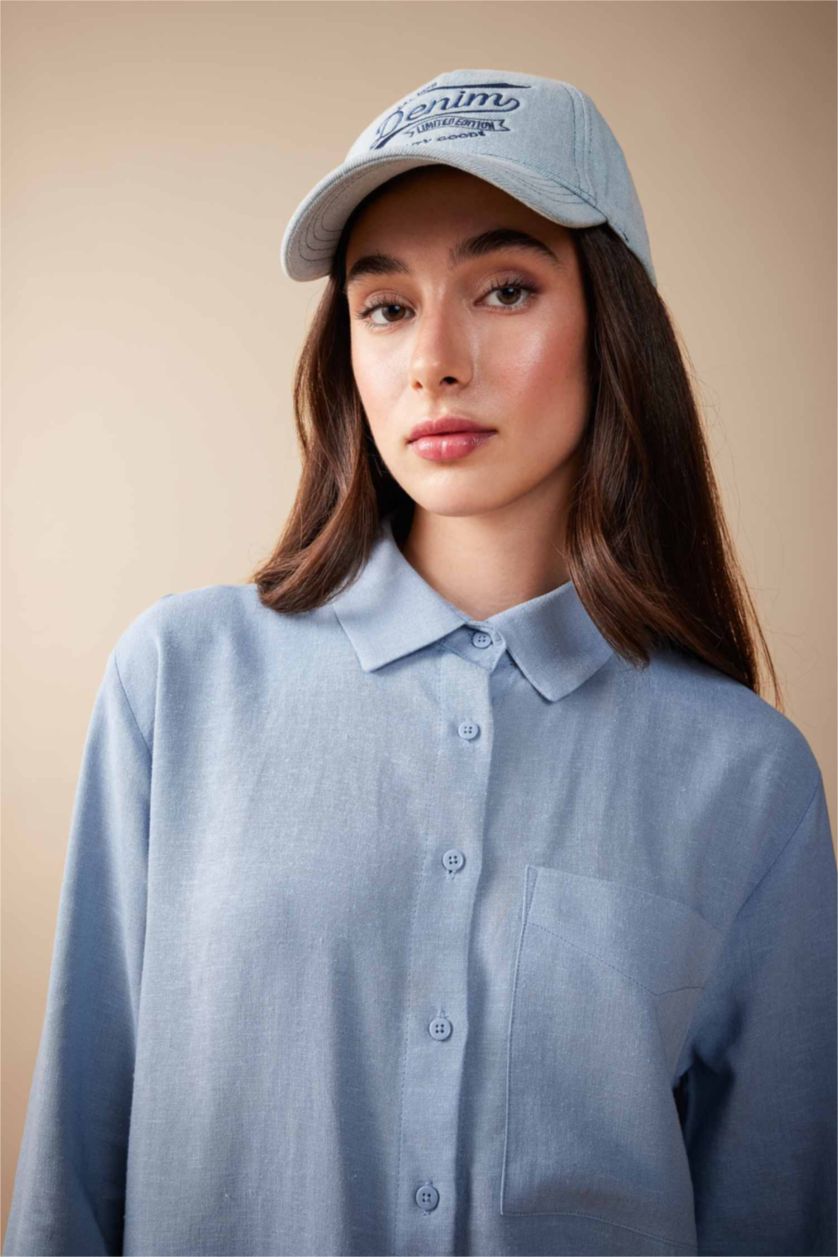 FEMME Bleu Tunique À Manches Longues Lin Mélangé Coupe décontractée