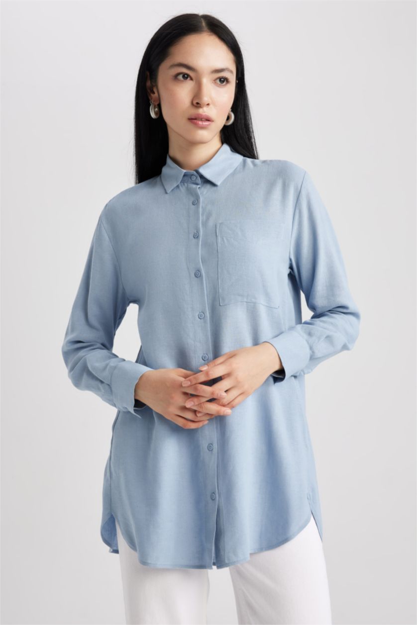 FEMME Bleu Tunique À Manches Longues Lin Mélangé Coupe décontractée