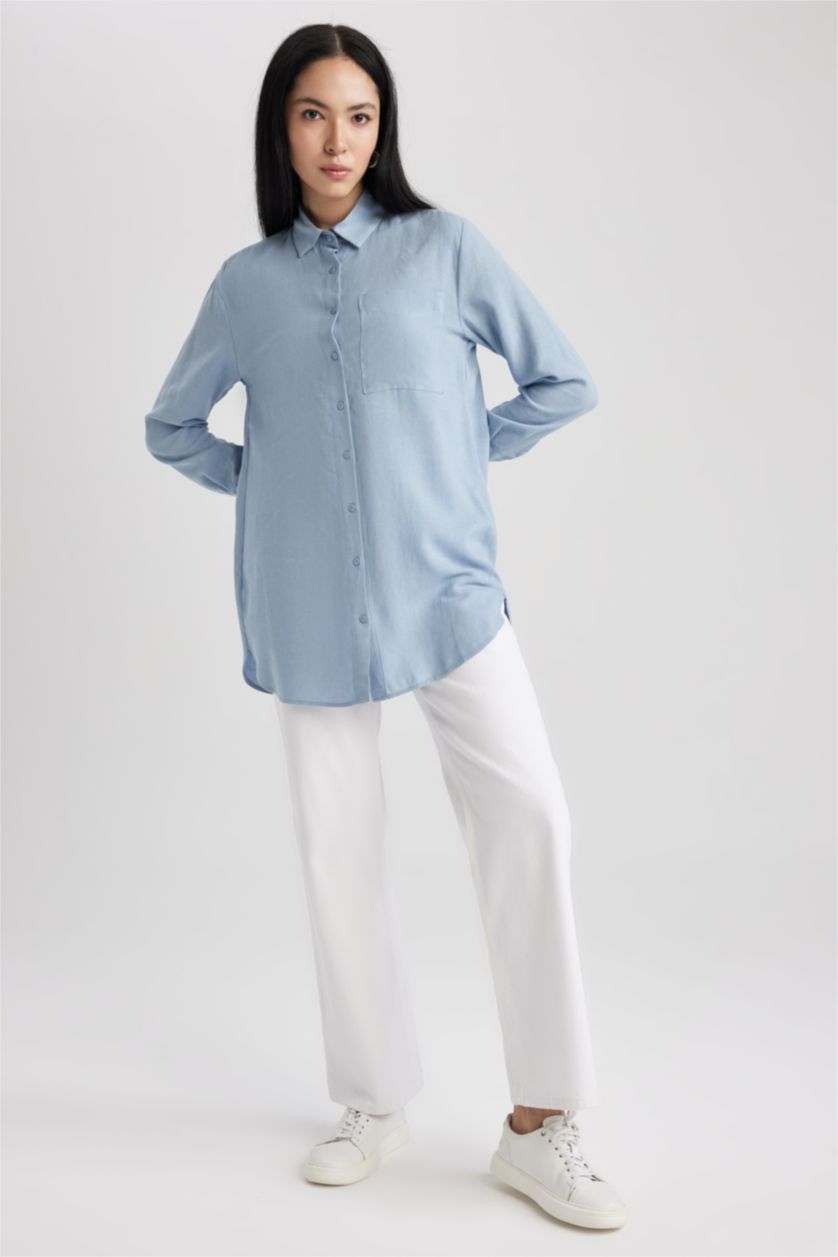 FEMME Bleu Tunique À Manches Longues Lin Mélangé Coupe décontractée