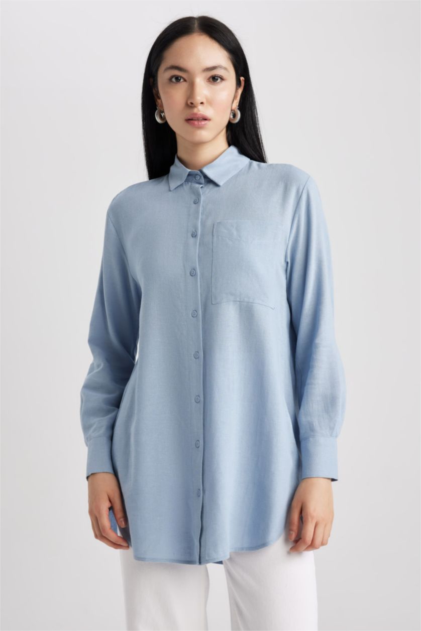 FEMME Bleu Tunique À Manches Longues Lin Mélangé Coupe décontractée