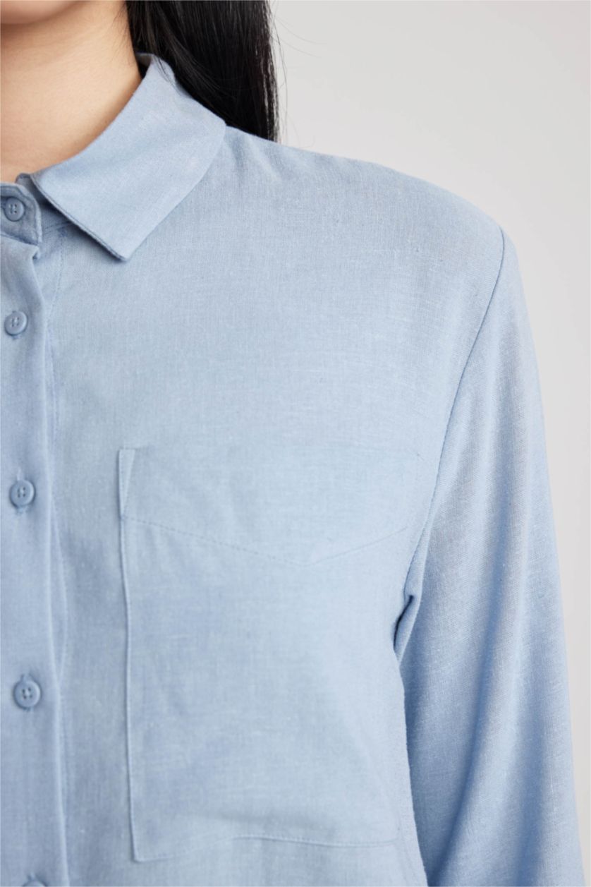 FEMME Bleu Tunique À Manches Longues Lin Mélangé Coupe décontractée