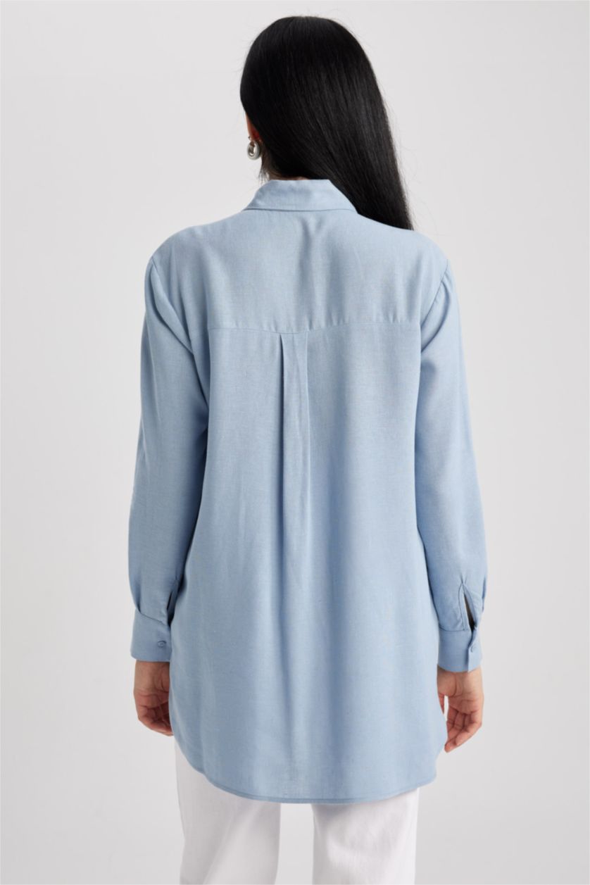 FEMME Bleu Tunique À Manches Longues Lin Mélangé Coupe décontractée