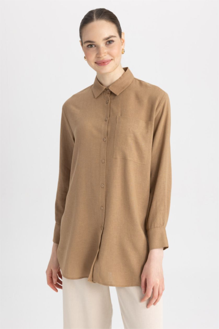 FEMME Marron Tunique À Manches Longues Lin Mélangé Coupe décontractée