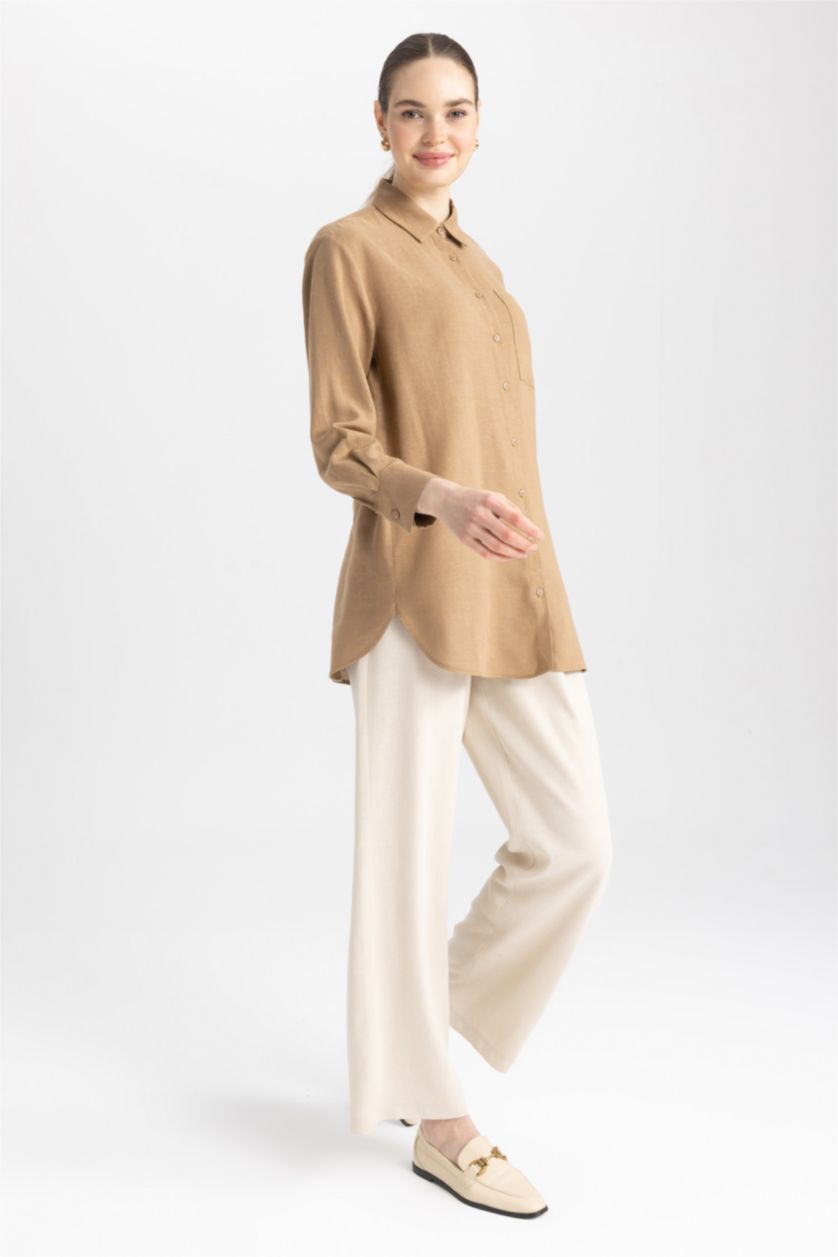 FEMME Marron Tunique À Manches Longues Lin Mélangé Coupe décontractée