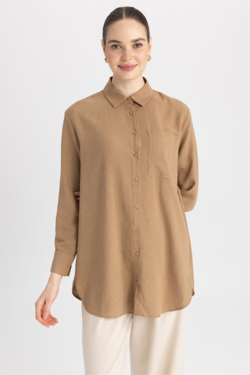 FEMME Marron Tunique À Manches Longues Lin Mélangé Coupe décontractée