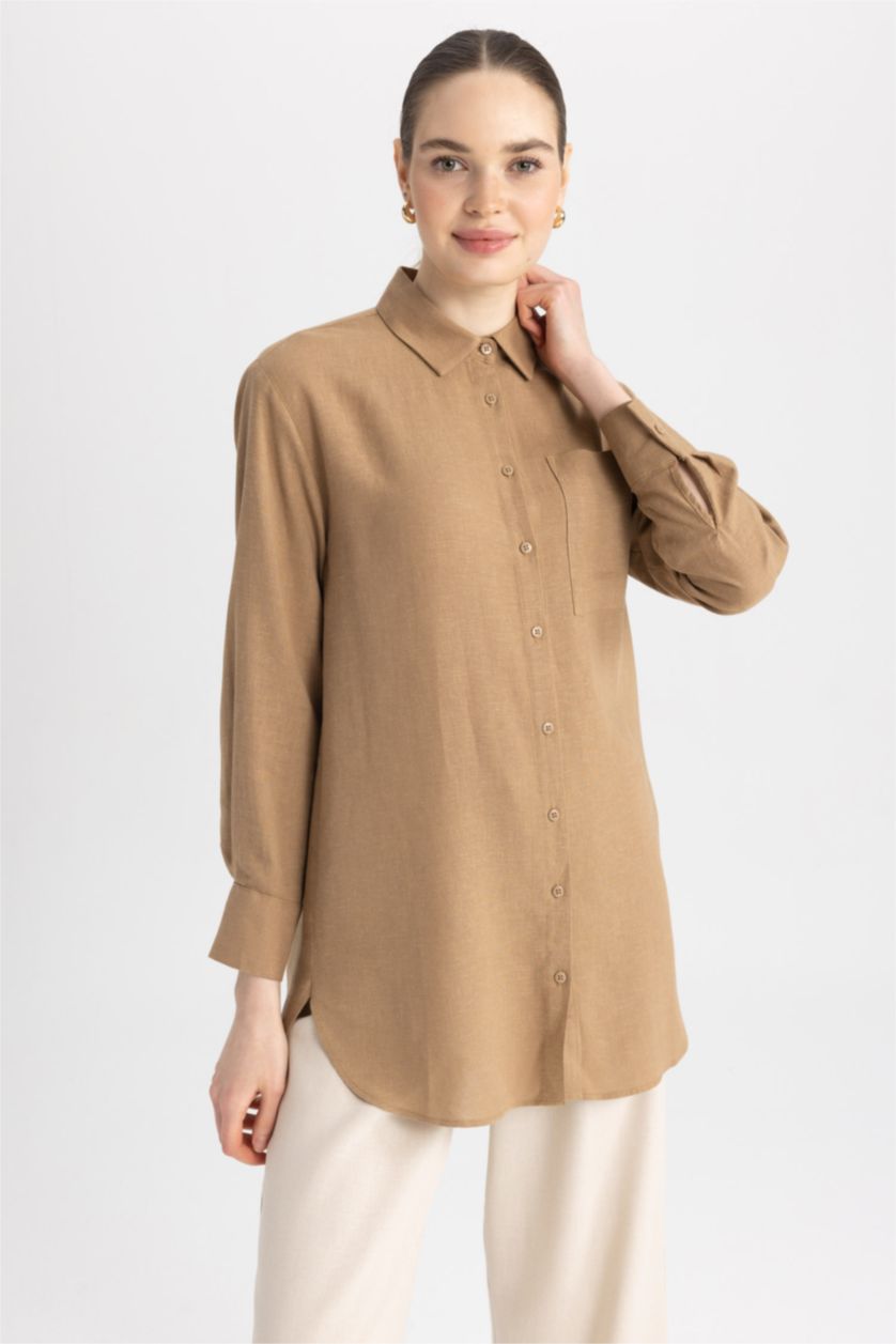 FEMME Marron Tunique À Manches Longues Lin Mélangé Coupe décontractée