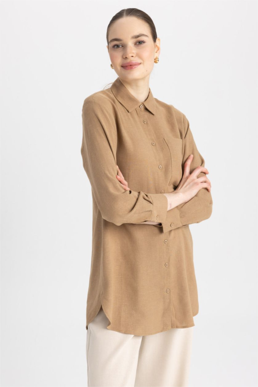 FEMME Marron Tunique À Manches Longues Lin Mélangé Coupe décontractée