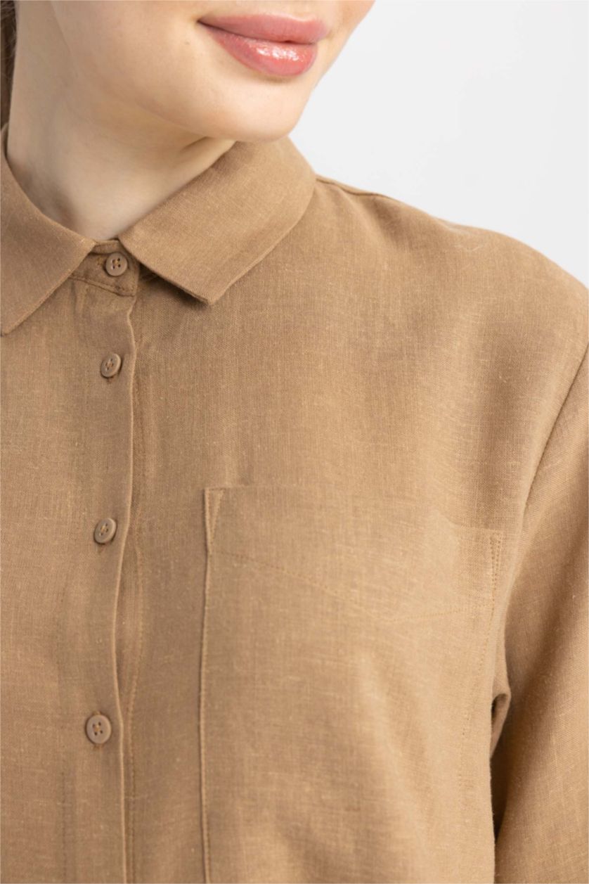 FEMME Marron Tunique À Manches Longues Lin Mélangé Coupe décontractée