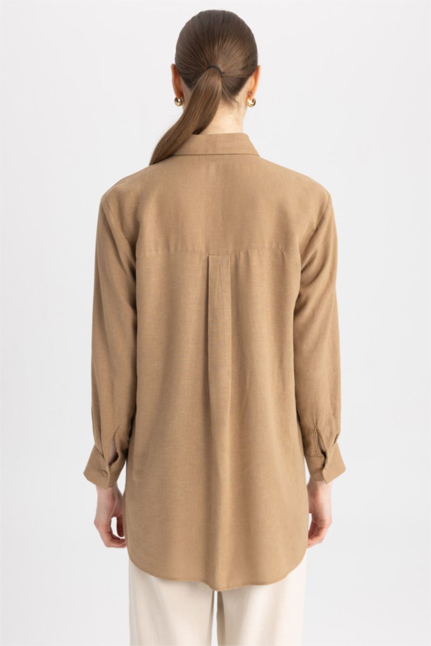 FEMME Marron Tunique À Manches Longues Lin Mélangé Coupe décontractée