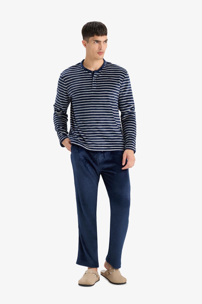 رجالي كحلي طقم بيجاما مخطط قطيفة ملمس ناعم قصة عادية - قطعتين