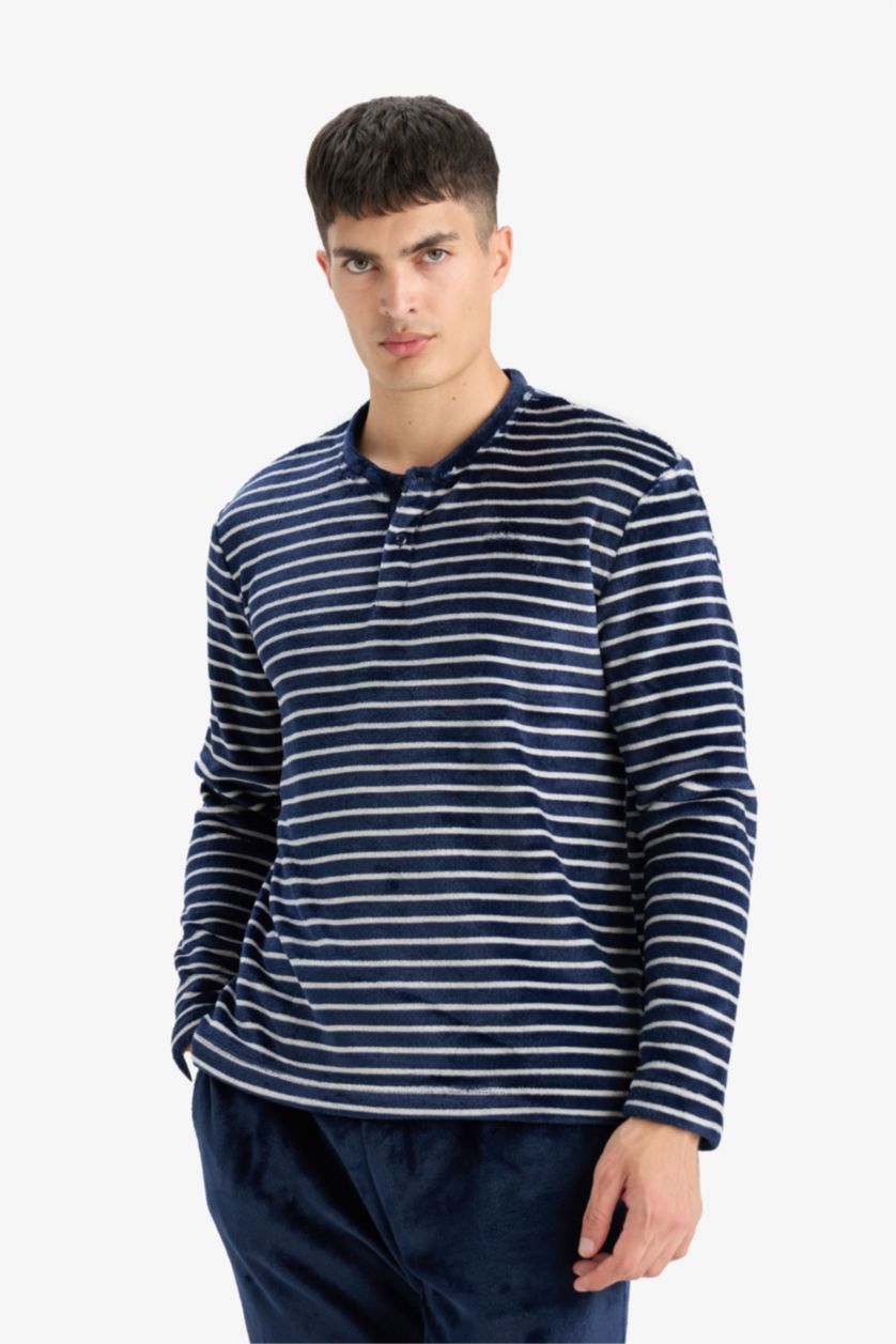 رجالي كحلي طقم بيجاما مخطط قطيفة ملمس ناعم قصة عادية - قطعتين