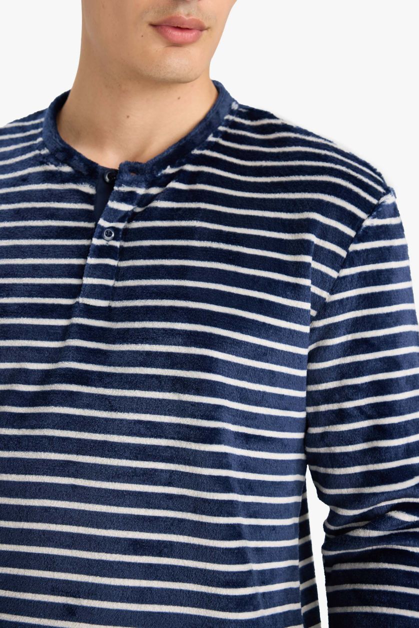 رجالي كحلي طقم بيجاما مخطط قطيفة ملمس ناعم قصة عادية - قطعتين