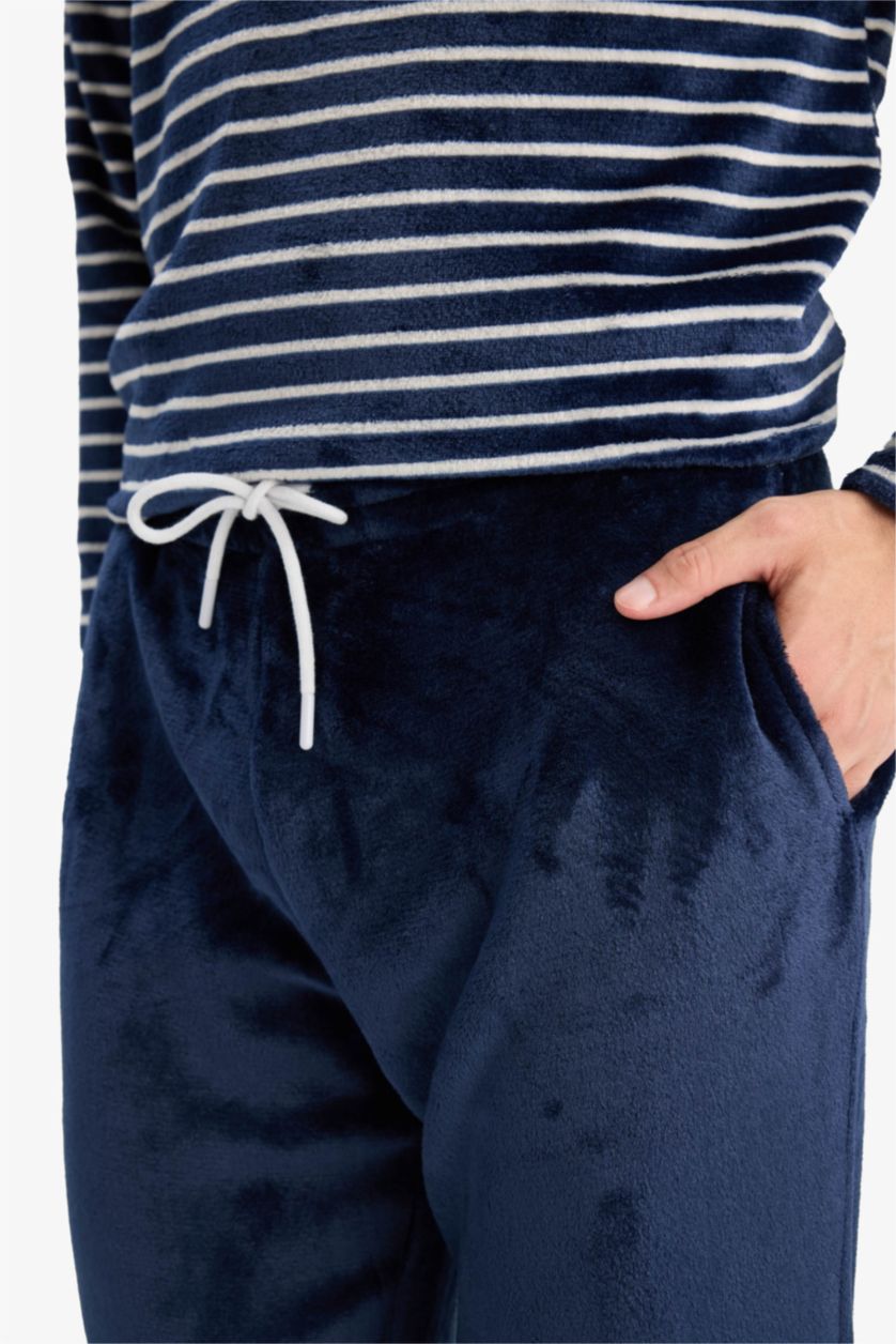 رجالي كحلي طقم بيجاما مخطط قطيفة ملمس ناعم قصة عادية - قطعتين