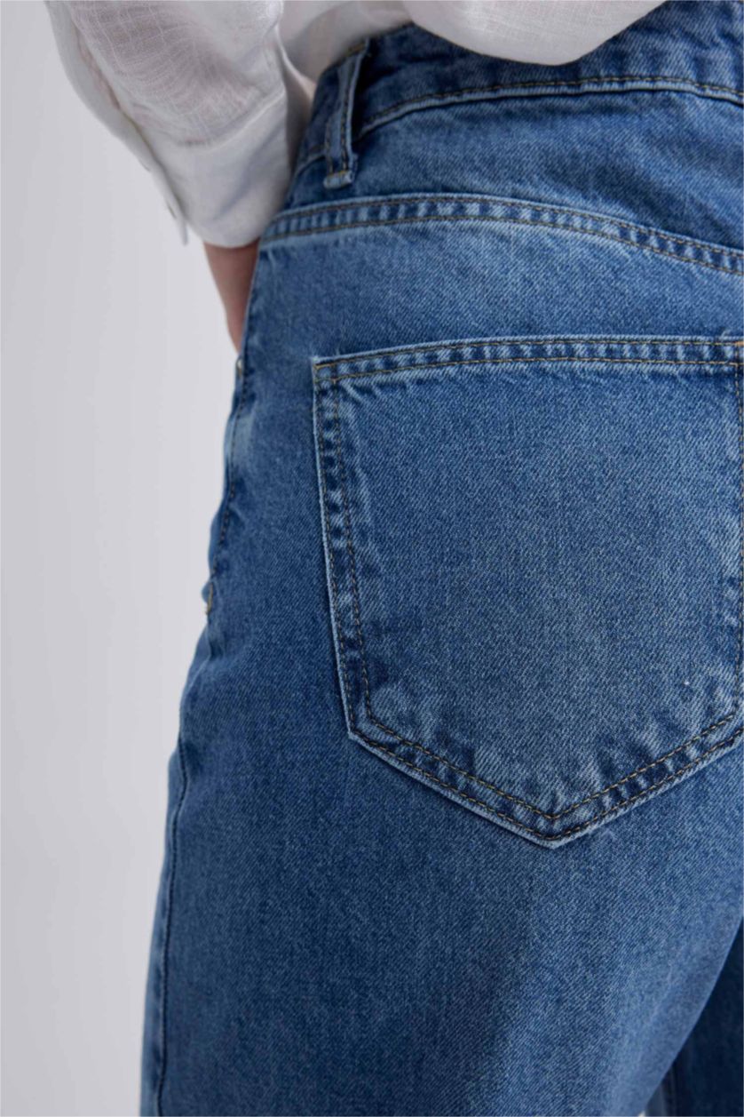 حريمي أزرق بنطلون جينز وايد ليج بفتحة من الساق