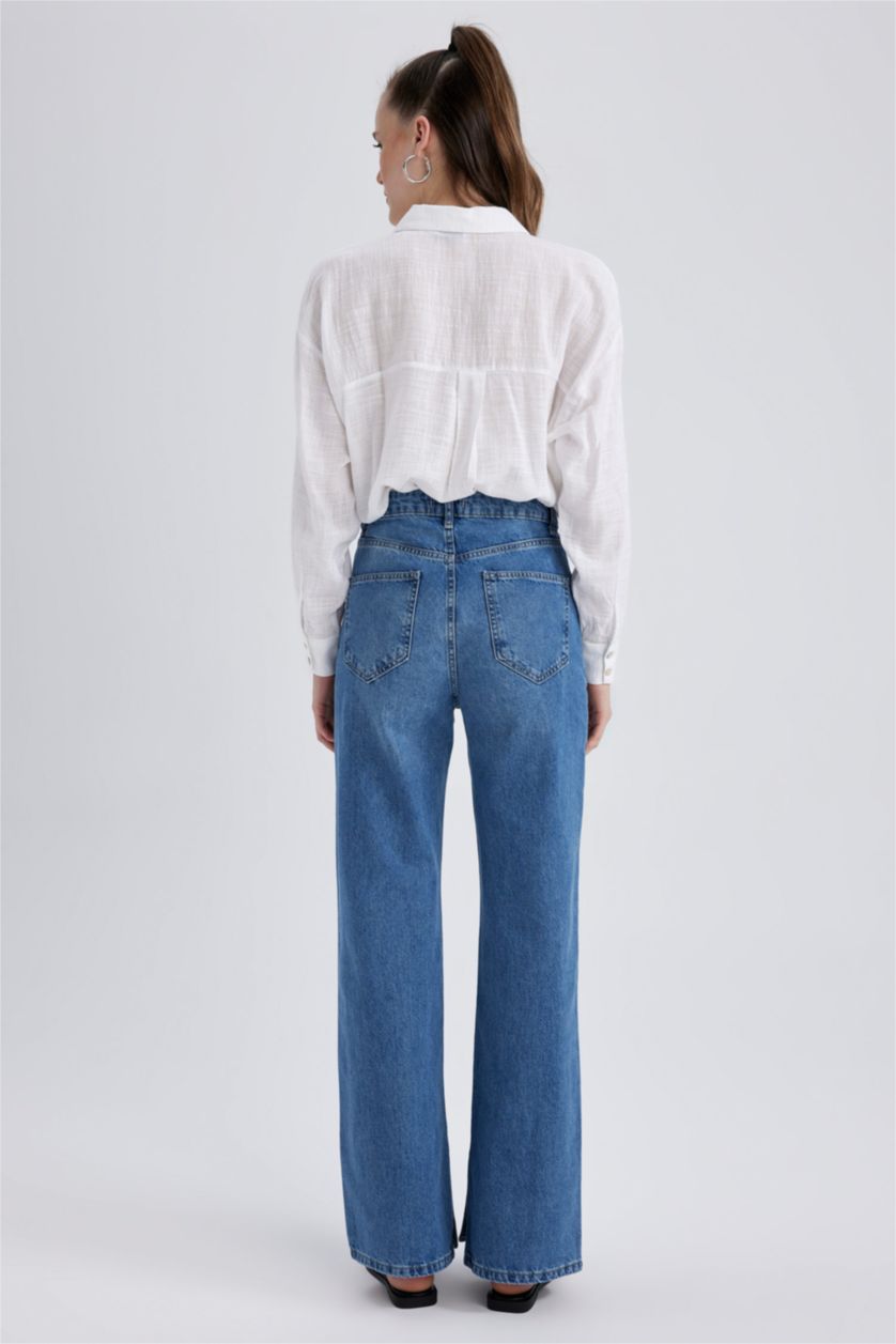 حريمي أزرق بنطلون جينز وايد ليج بفتحة من الساق