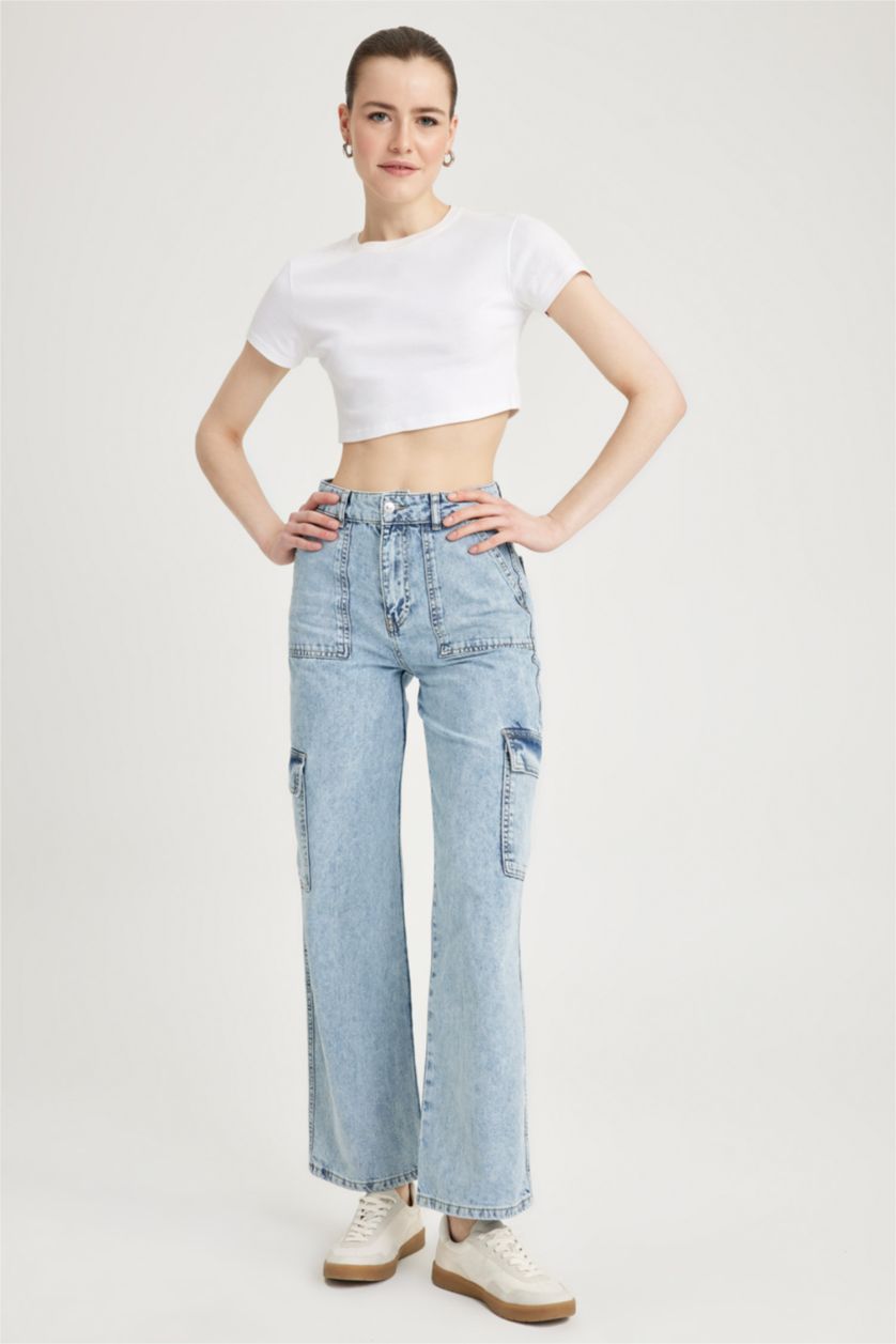 WOMAN Light Blue 90 Wide Leg Cargo Pocket Jean  Cotton Trousers