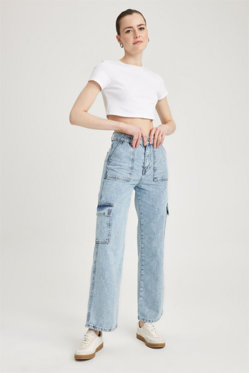 WOMAN Light Blue 90 Wide Leg Cargo Pocket Jean  Cotton Trousers