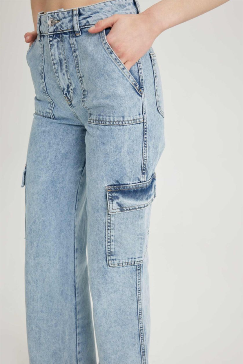WOMAN Light Blue 90 Wide Leg Cargo Pocket Jean  Cotton Trousers