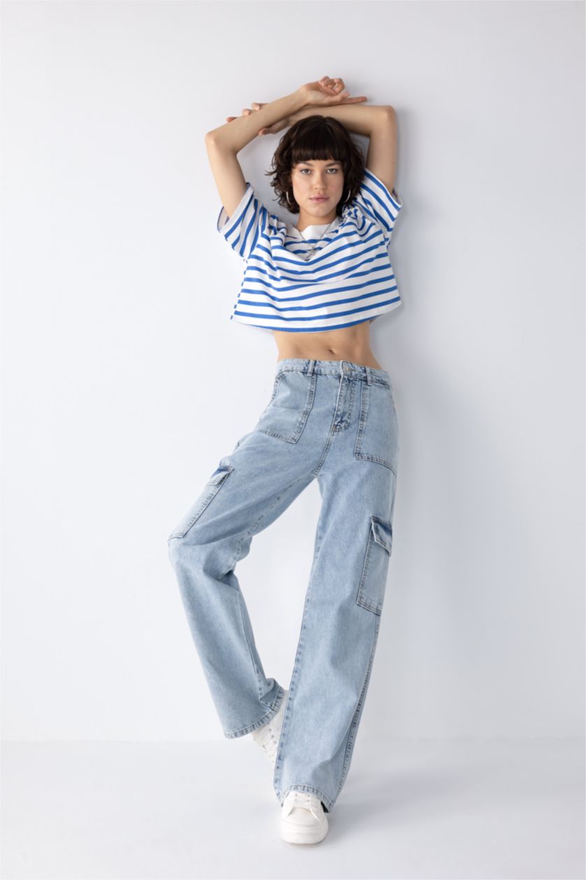 WOMAN Light Blue 90 Wide Leg Cargo Pocket Jean  Cotton Trousers