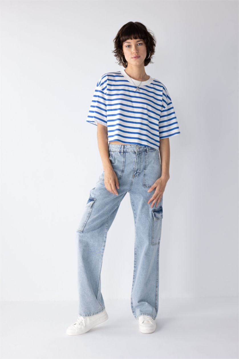 WOMAN Light Blue 90 Wide Leg Cargo Pocket Jean  Cotton Trousers