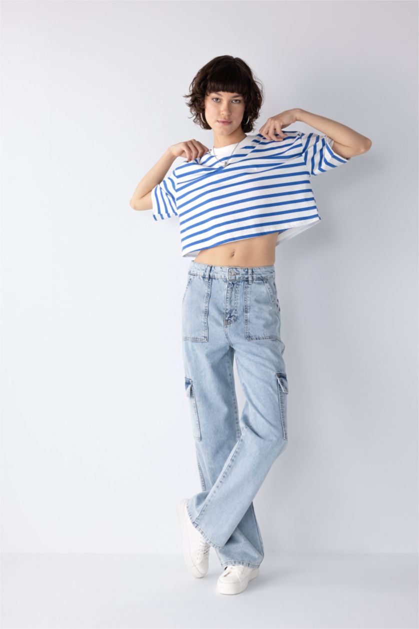 WOMAN Light Blue 90 Wide Leg Cargo Pocket Jean  Cotton Trousers