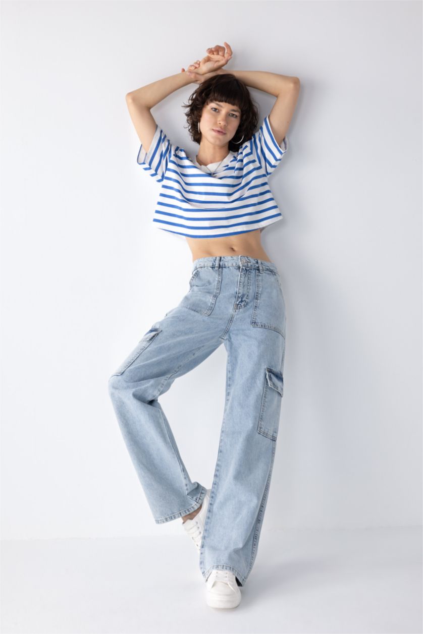 WOMAN Light Blue 90 Wide Leg Cargo Pocket Jean  Cotton Trousers