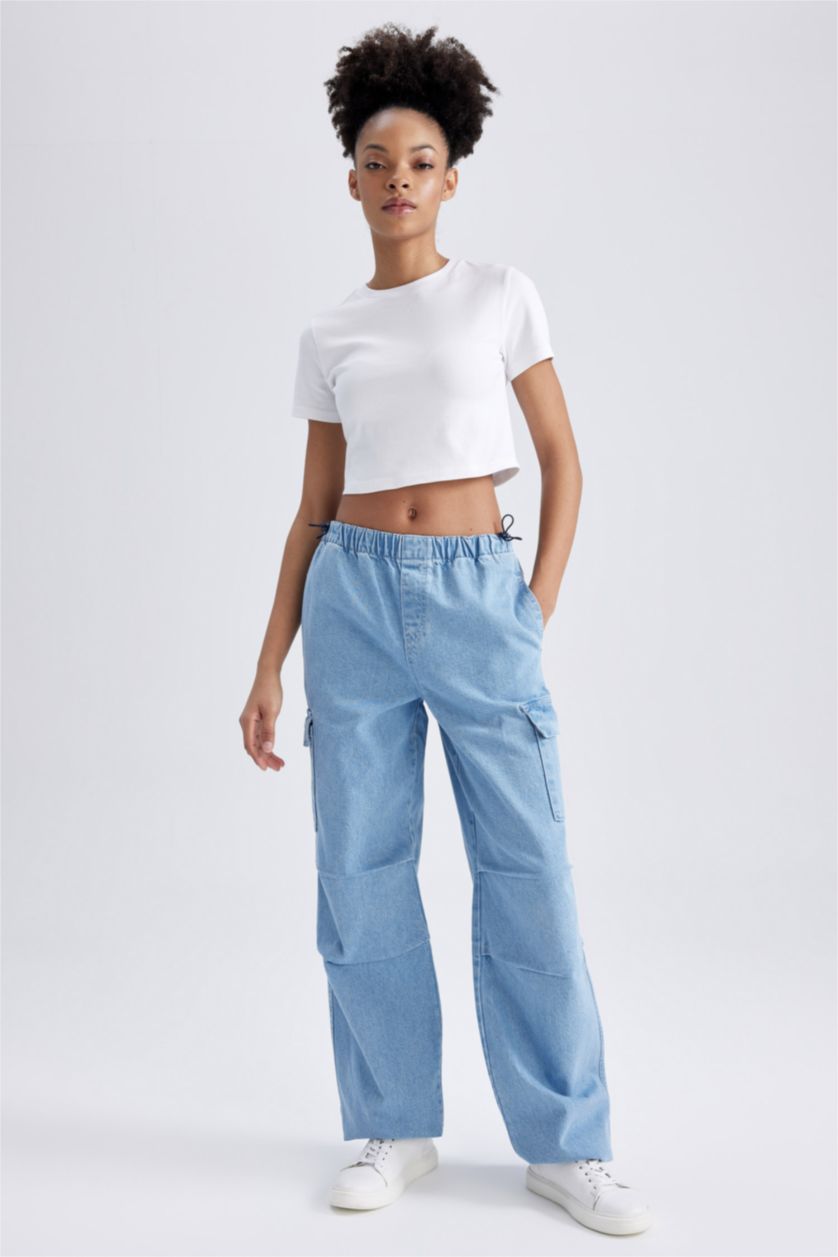 نساء أزرق فاتح بنطلون جينز باراشوت طول الكاحل