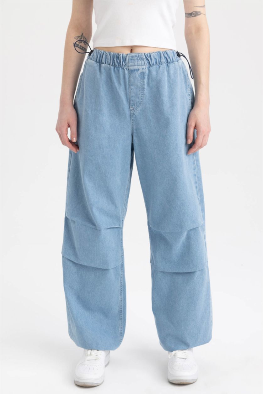 نساء أزرق فاتح بنطلون جينز باراشوت بخصر عالي