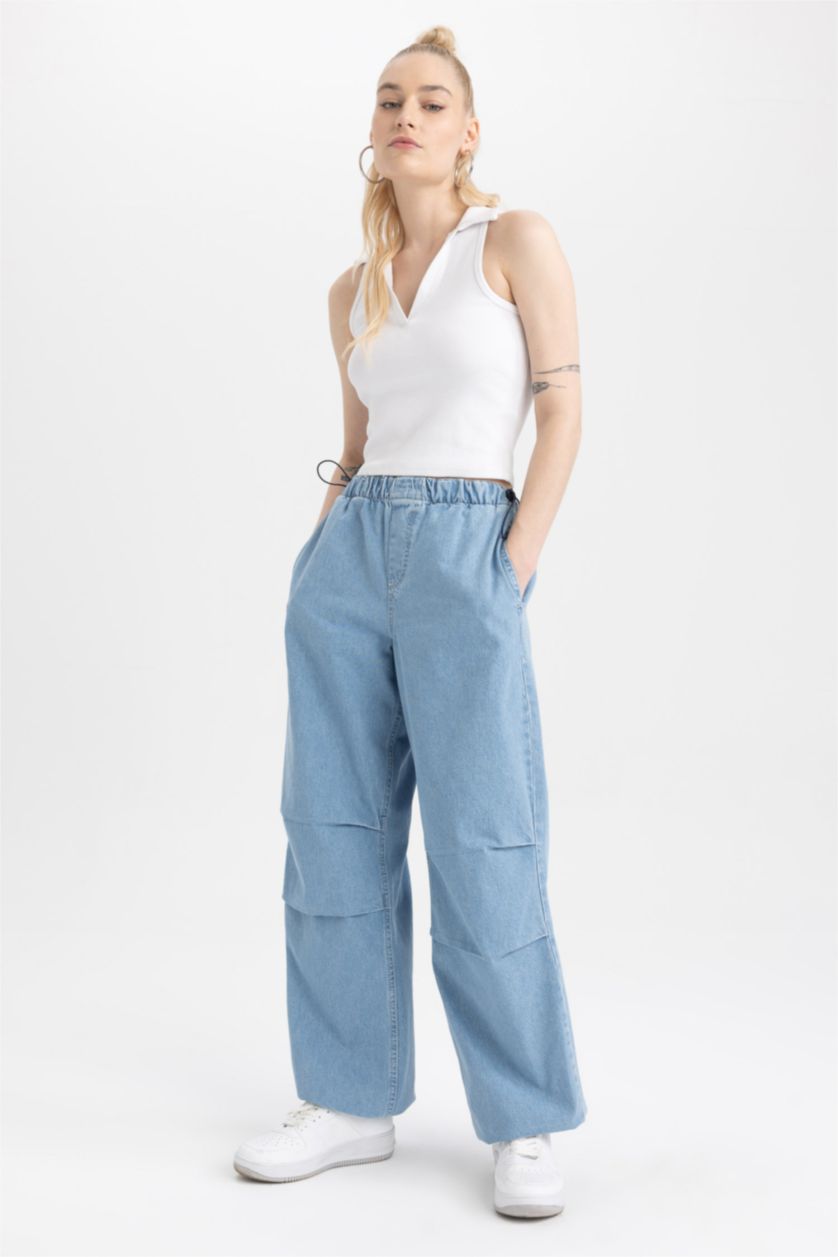 نساء أزرق فاتح بنطلون جينز باراشوت بخصر عالي