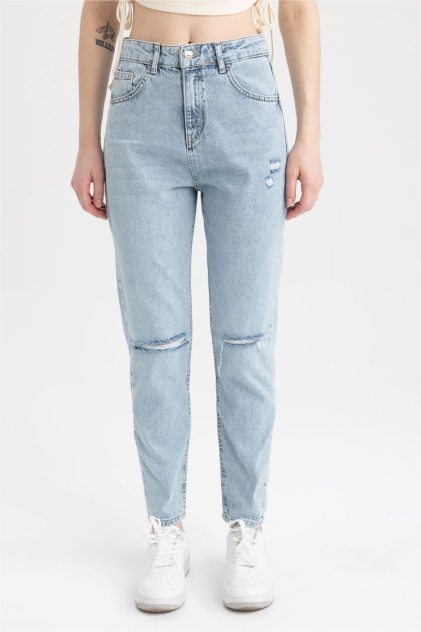 WOMAN Light Blue Mom Fit Ripped Detailed Jean Trousers