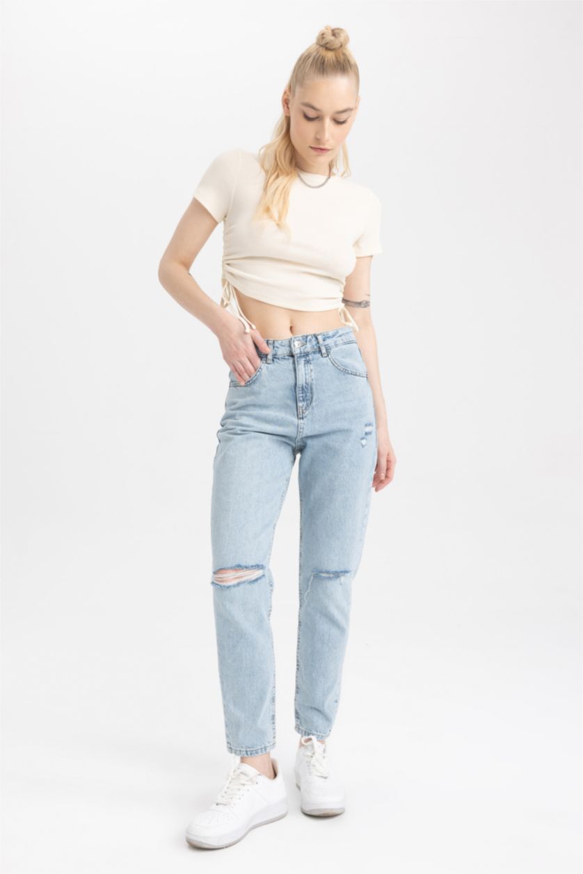 WOMAN Light Blue Mom Fit Ripped Detailed Jean Trousers