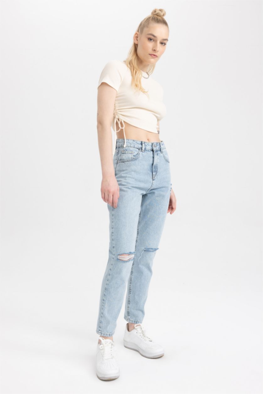 WOMAN Light Blue Mom Fit Ripped Detailed Jean Trousers