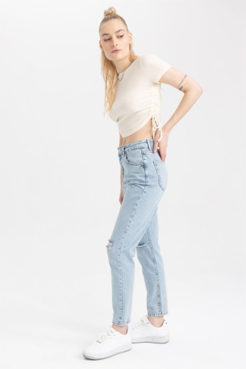 WOMAN Light Blue Mom Fit Ripped Detailed Jean Trousers