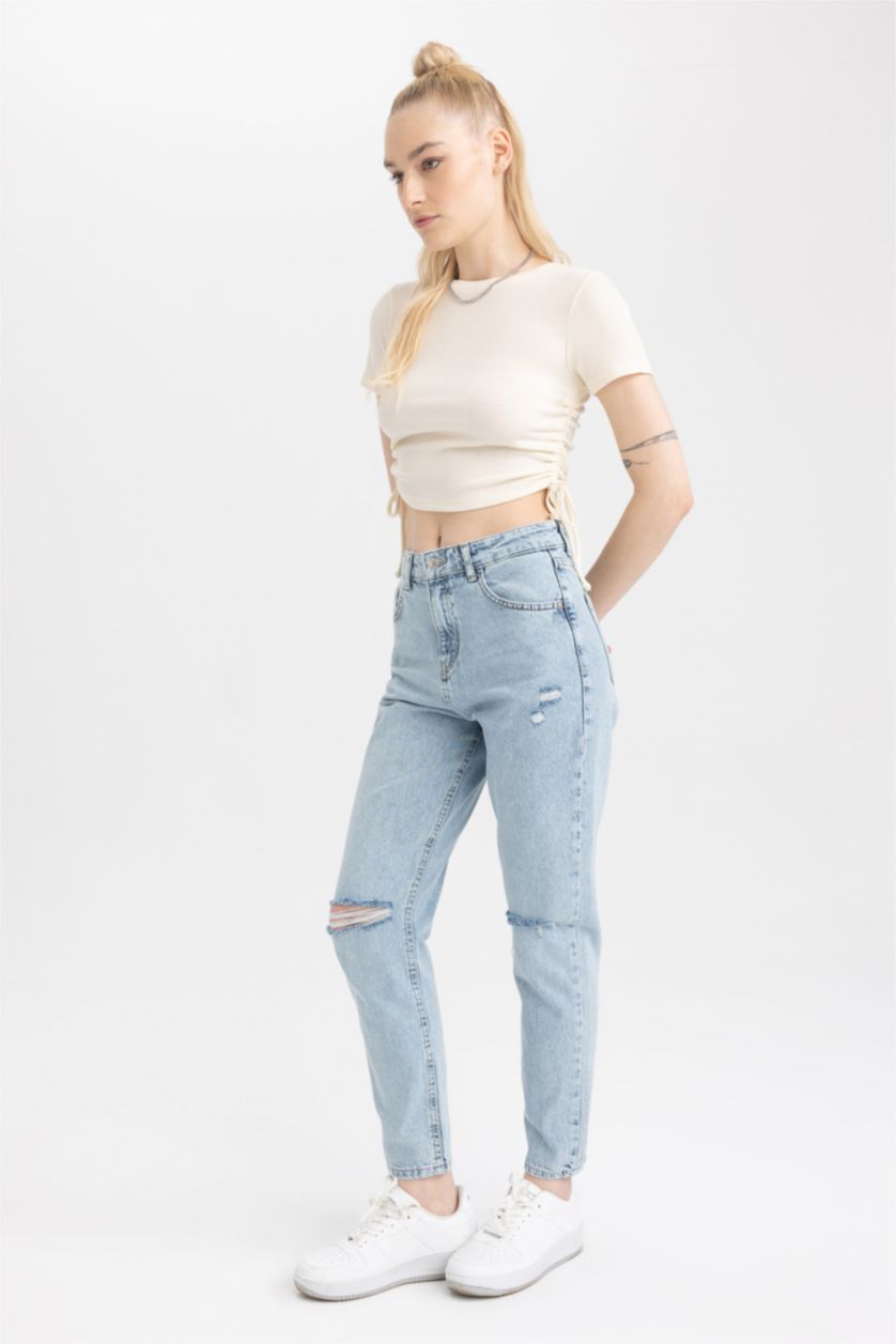 WOMAN Light Blue Mom Fit Ripped Detailed Jean Trousers
