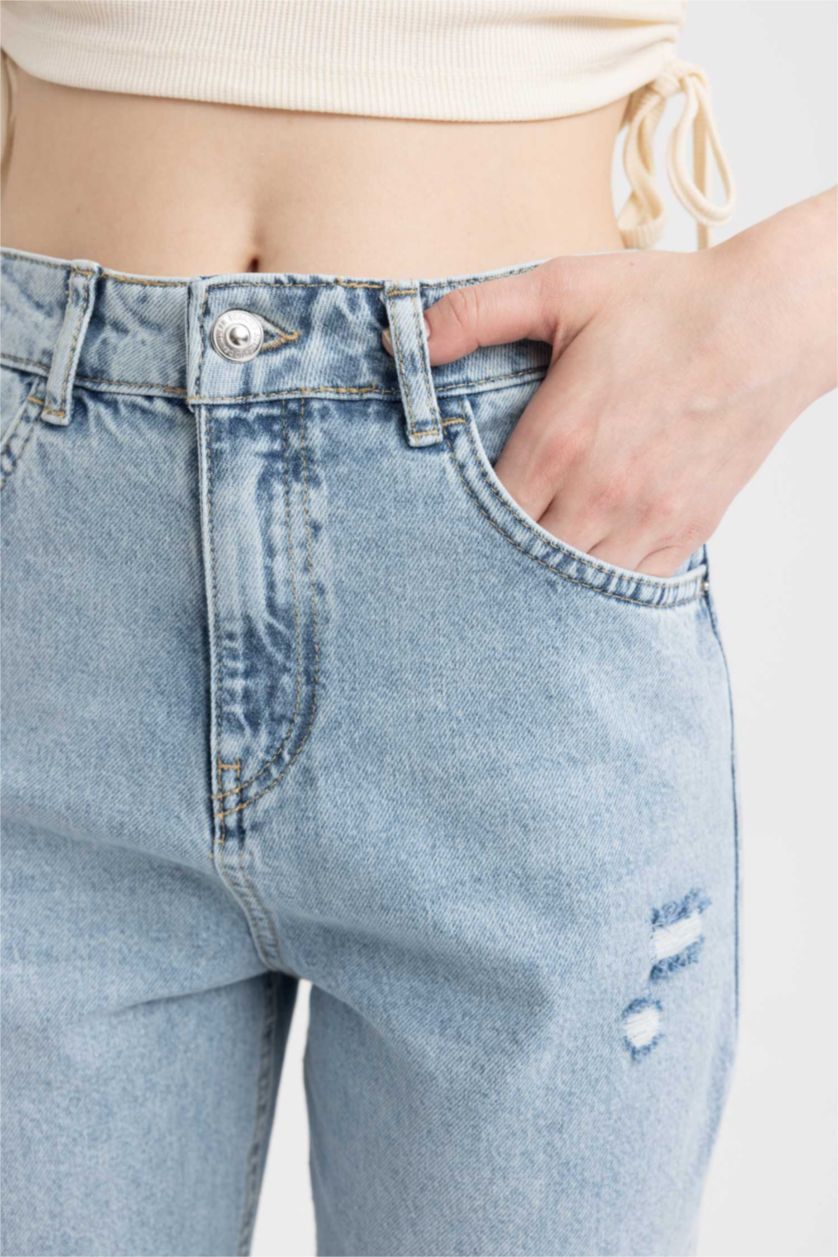 WOMAN Light Blue Mom Fit Ripped Detailed Jean Trousers