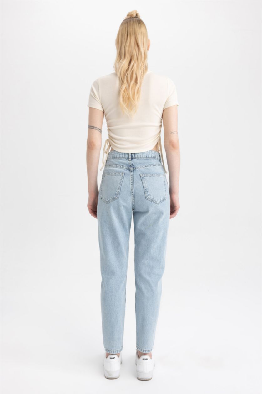 WOMAN Light Blue Mom Fit Ripped Detailed Jean Trousers
