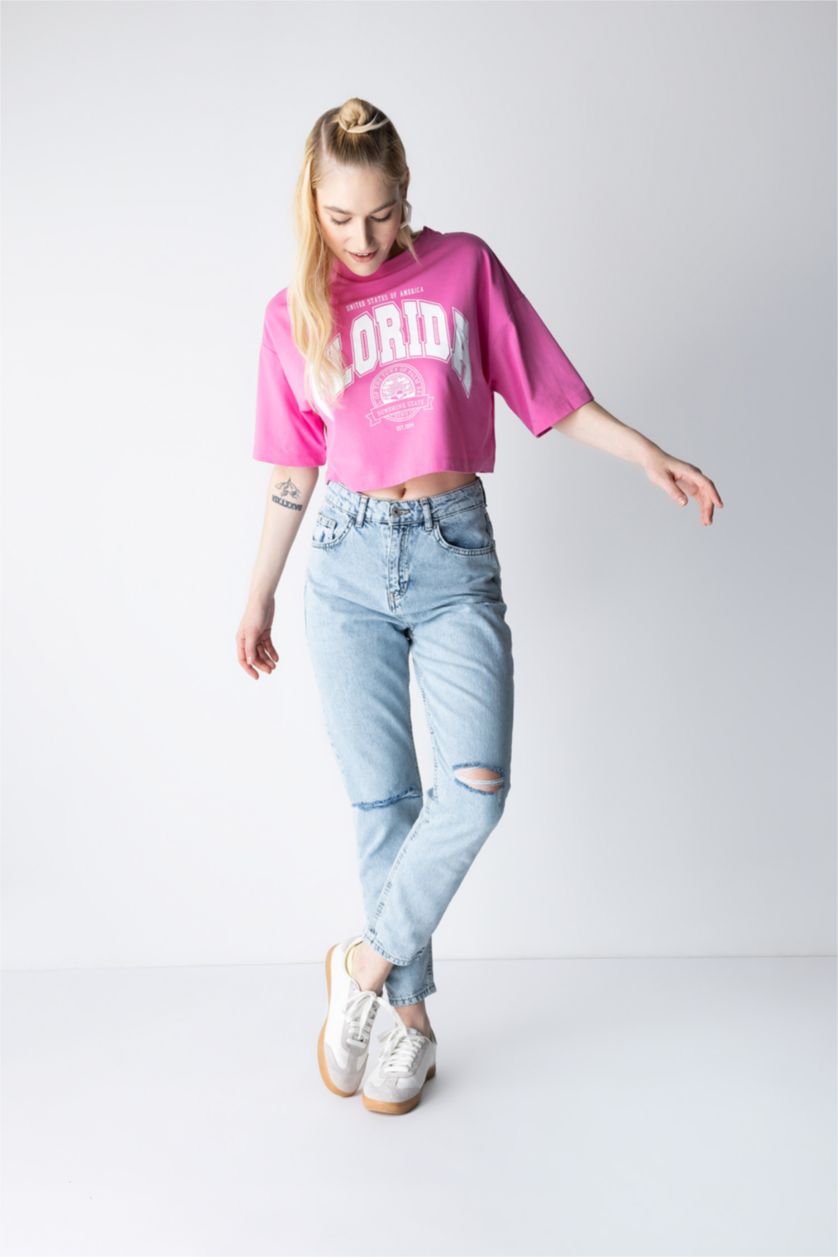 WOMAN Light Blue Mom Fit Ripped Detailed Jean Trousers