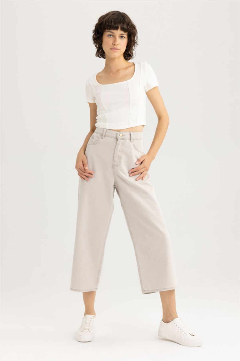 نساء بني بنطلون جينز قطن كولوت فيت