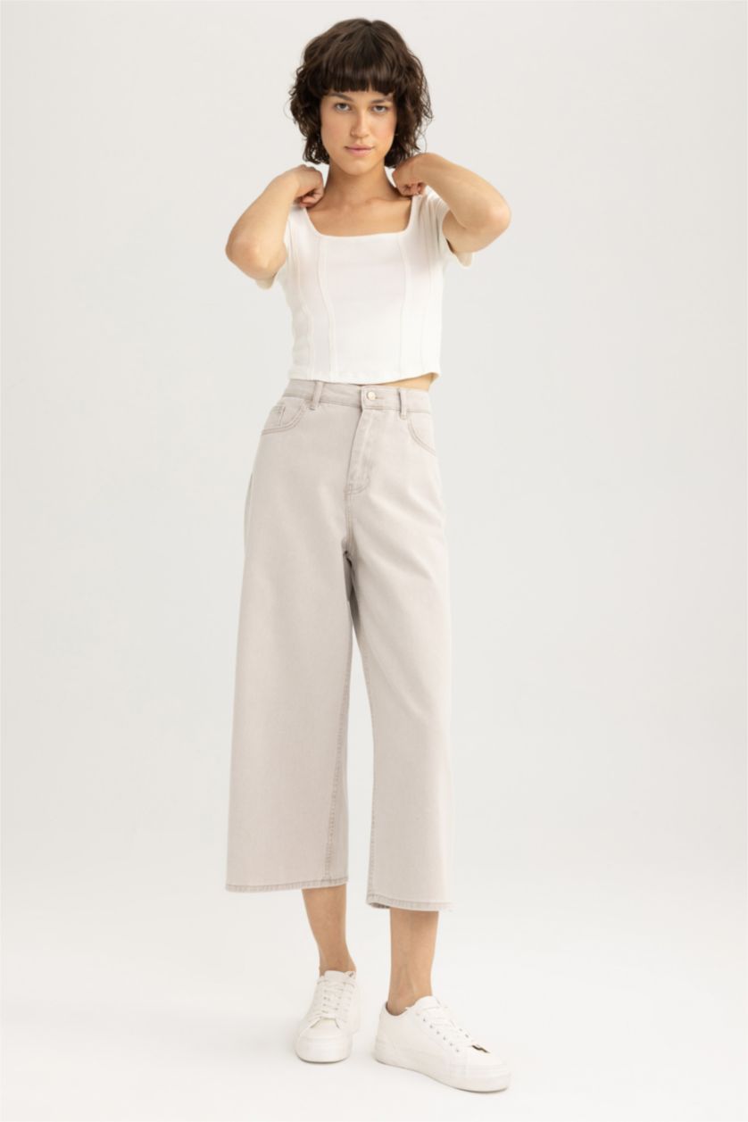 نساء بني بنطلون جينز قطن كولوت فيت