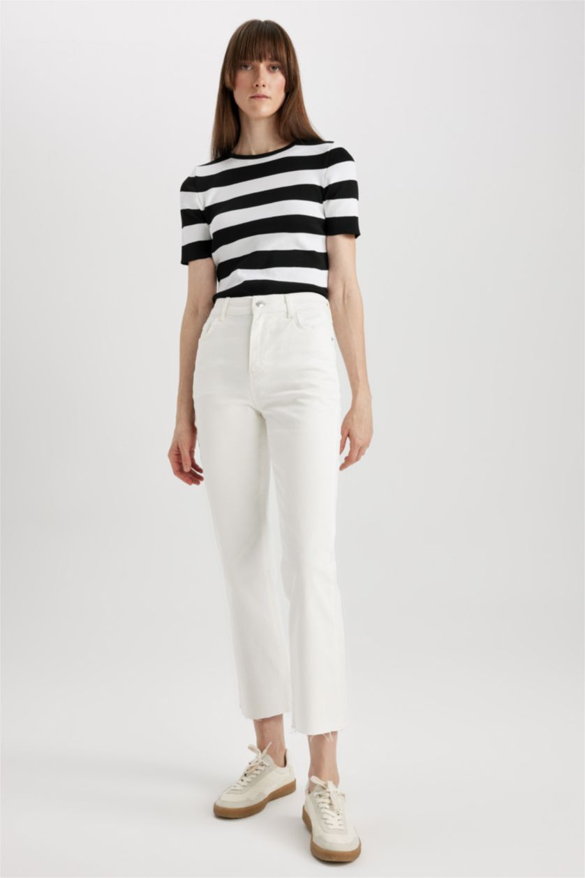 FEMME Blanc Pantalon Crop Jean Coupe évasée raccourcie Ourlet effiloché