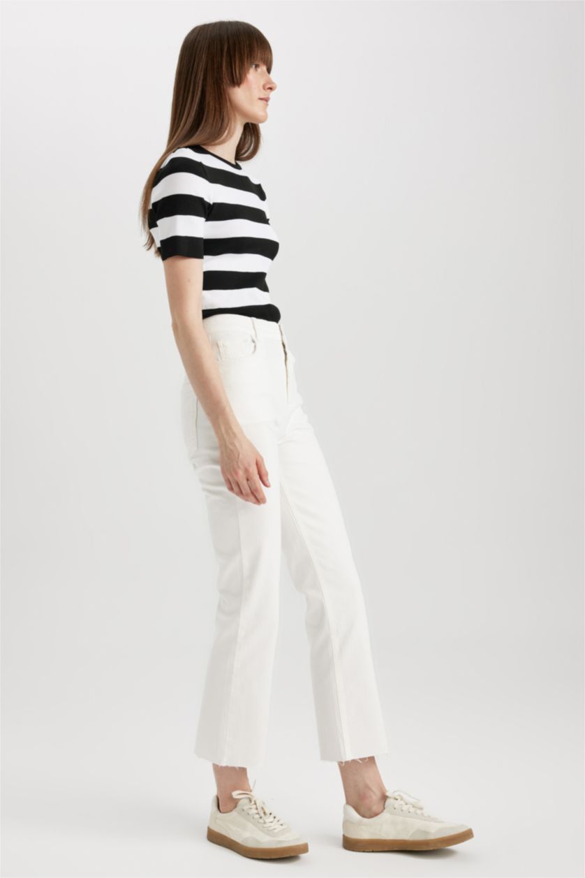 FEMME Blanc Pantalon Crop Jean Coupe évasée raccourcie Ourlet effiloché