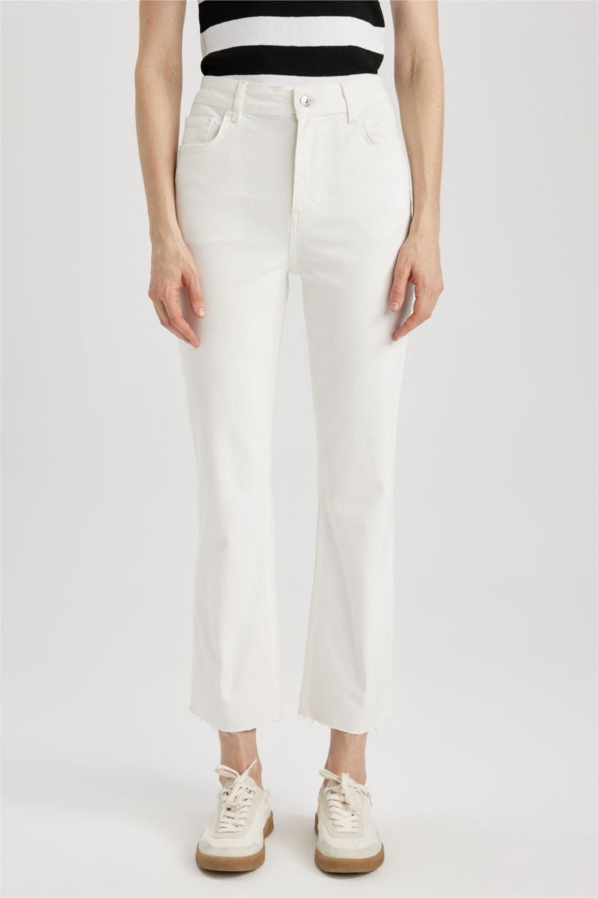 FEMME Blanc Pantalon Crop Jean Coupe évasée raccourcie Ourlet effiloché