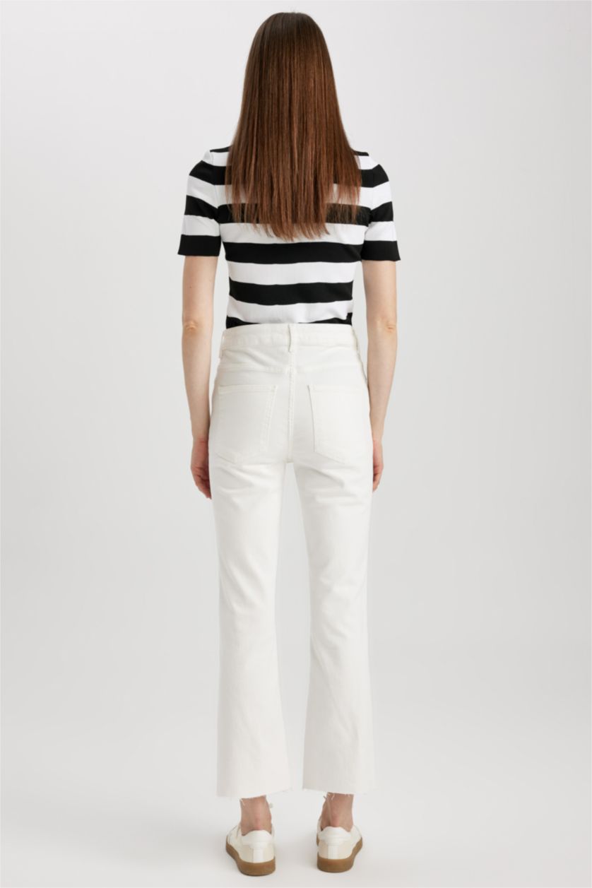 FEMME Blanc Pantalon Crop Jean Coupe évasée raccourcie Ourlet effiloché