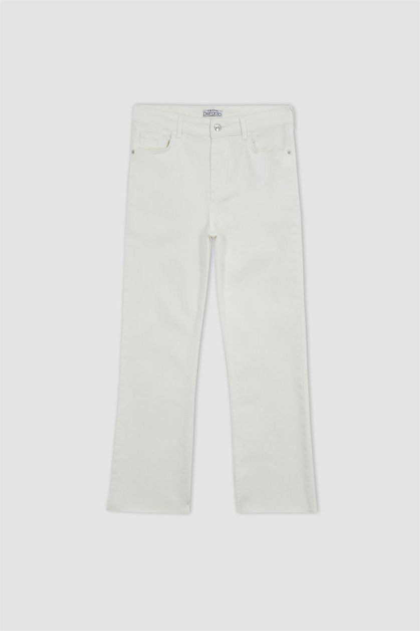 FEMME Blanc Pantalon Crop Jean Coupe évasée raccourcie Ourlet effiloché