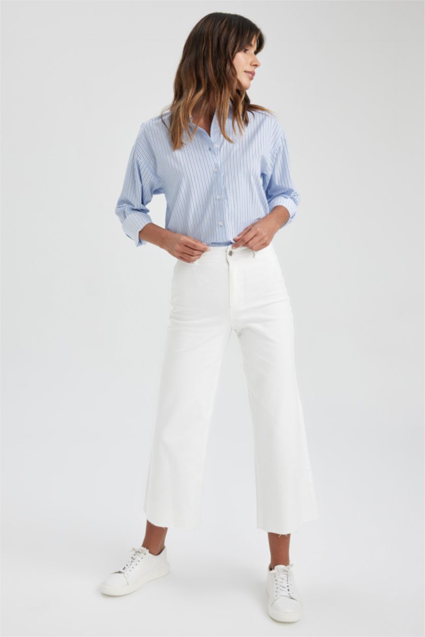 Kadın Beyaz Culotte Yüksek Bel Kesik Kısa Uçlu Paça Beyaz Jean Pantolon