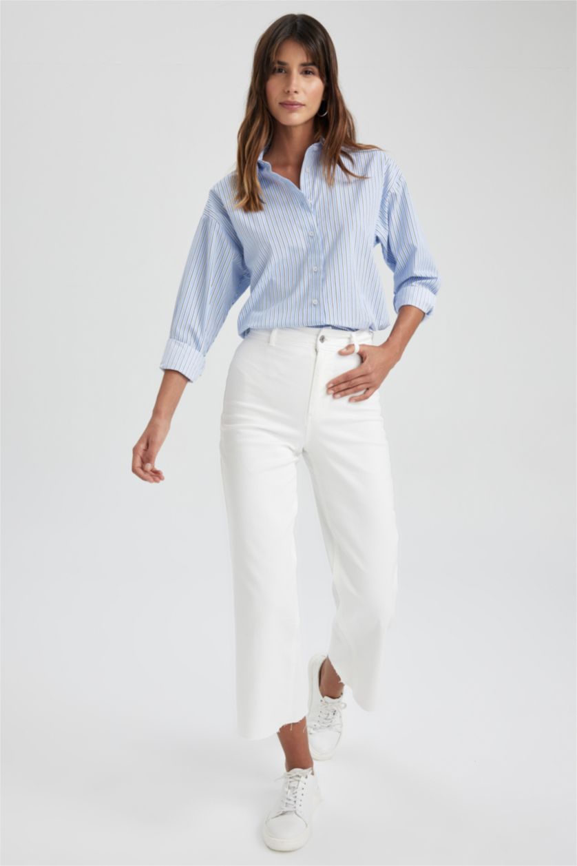 Kadın Beyaz Culotte Yüksek Bel Kesik Kısa Uçlu Paça Beyaz Jean Pantolon